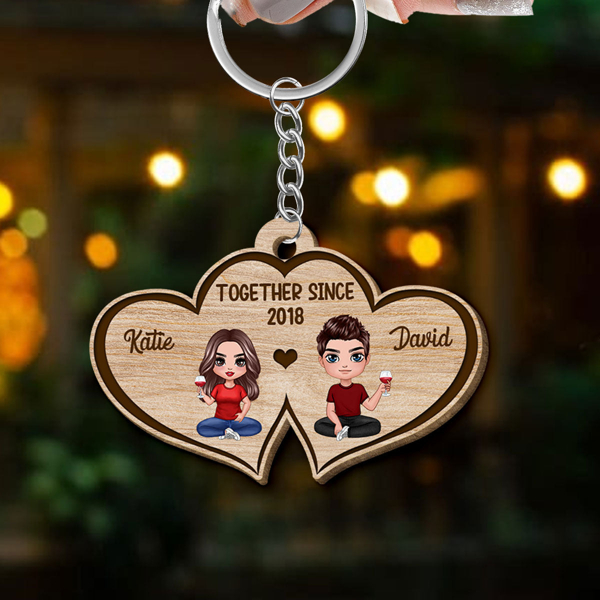 Double Heart Couple Personalized Wooden Keychain