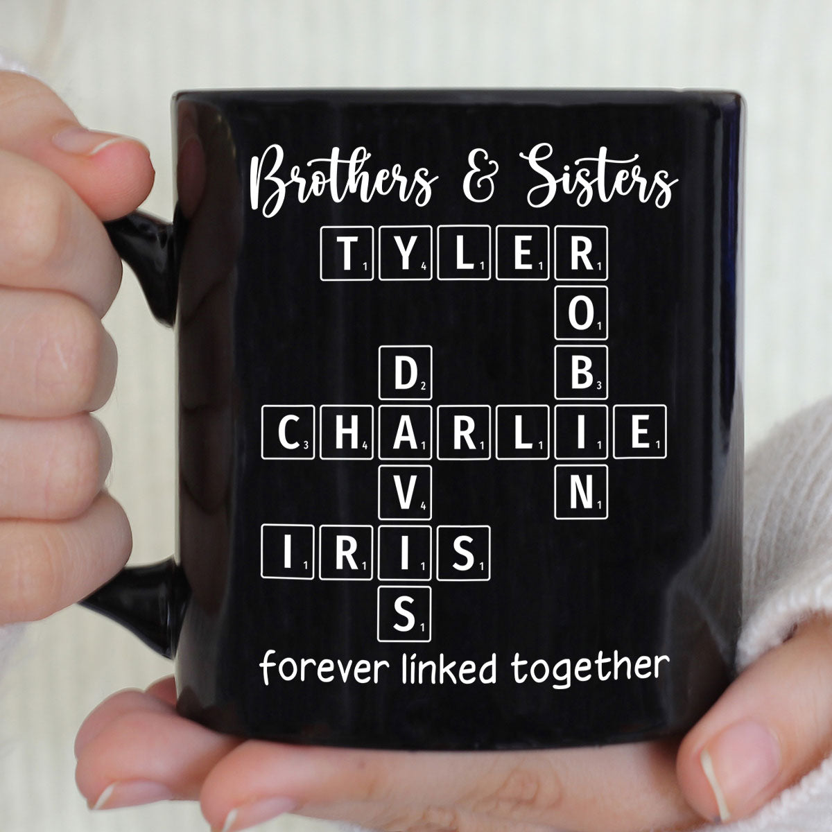 Brothers & Sisters Siblings Family Forever Linked Crossword Outline Personalized Mug