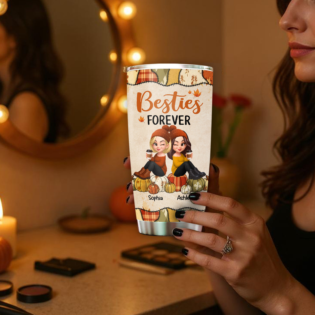 Besties Sisters Sitting On Pumpkin Preppy Floral Fall Season Personalized Tumbler