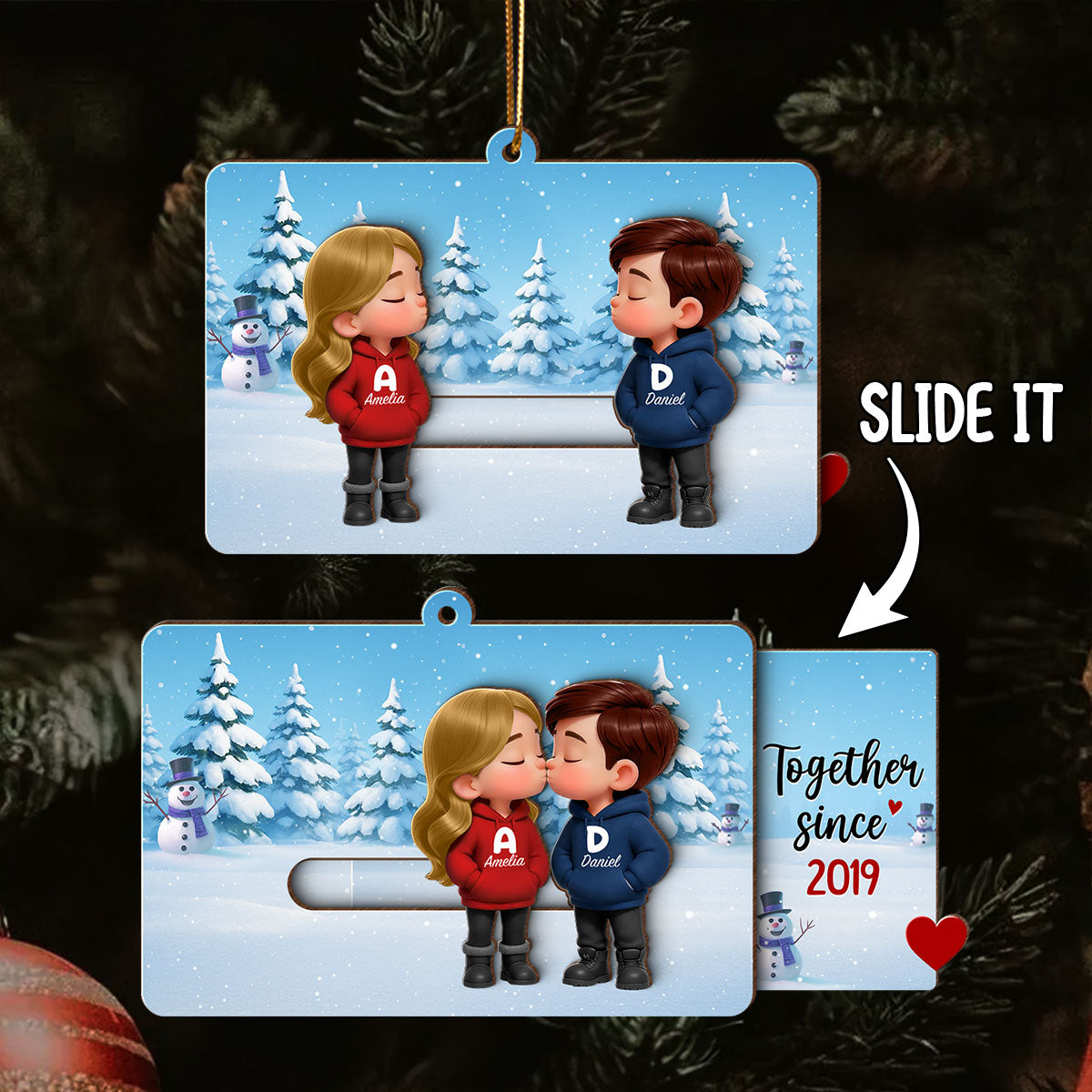 3D Effect Cartoon Couple Kissing - Personalized Slider Ornament - Christmas Gift For Him For Her