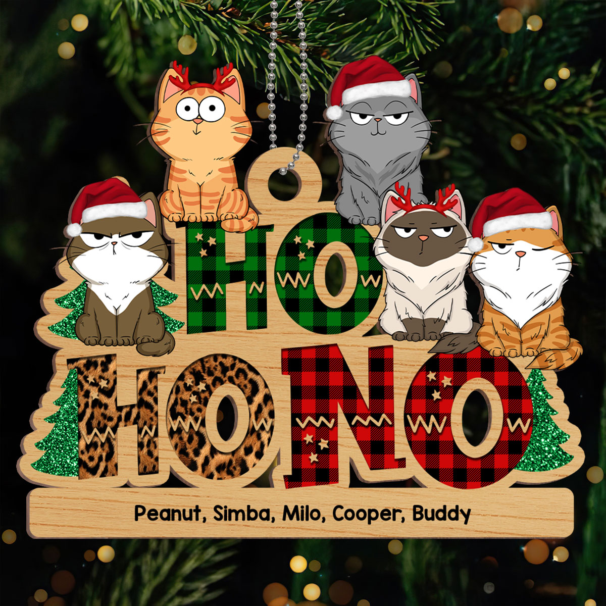 Ho Ho No Christmas Funny Cats Expressions Personalized Wooden Ornament