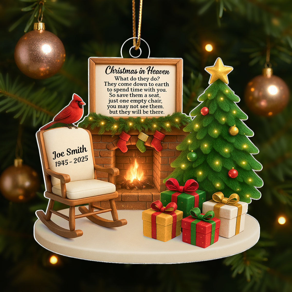 Christmas In Heaven Cardinal On Chair 3D Effect Personalized Acrylic Ornament, Heartwarming Memorial Sympathy Gift