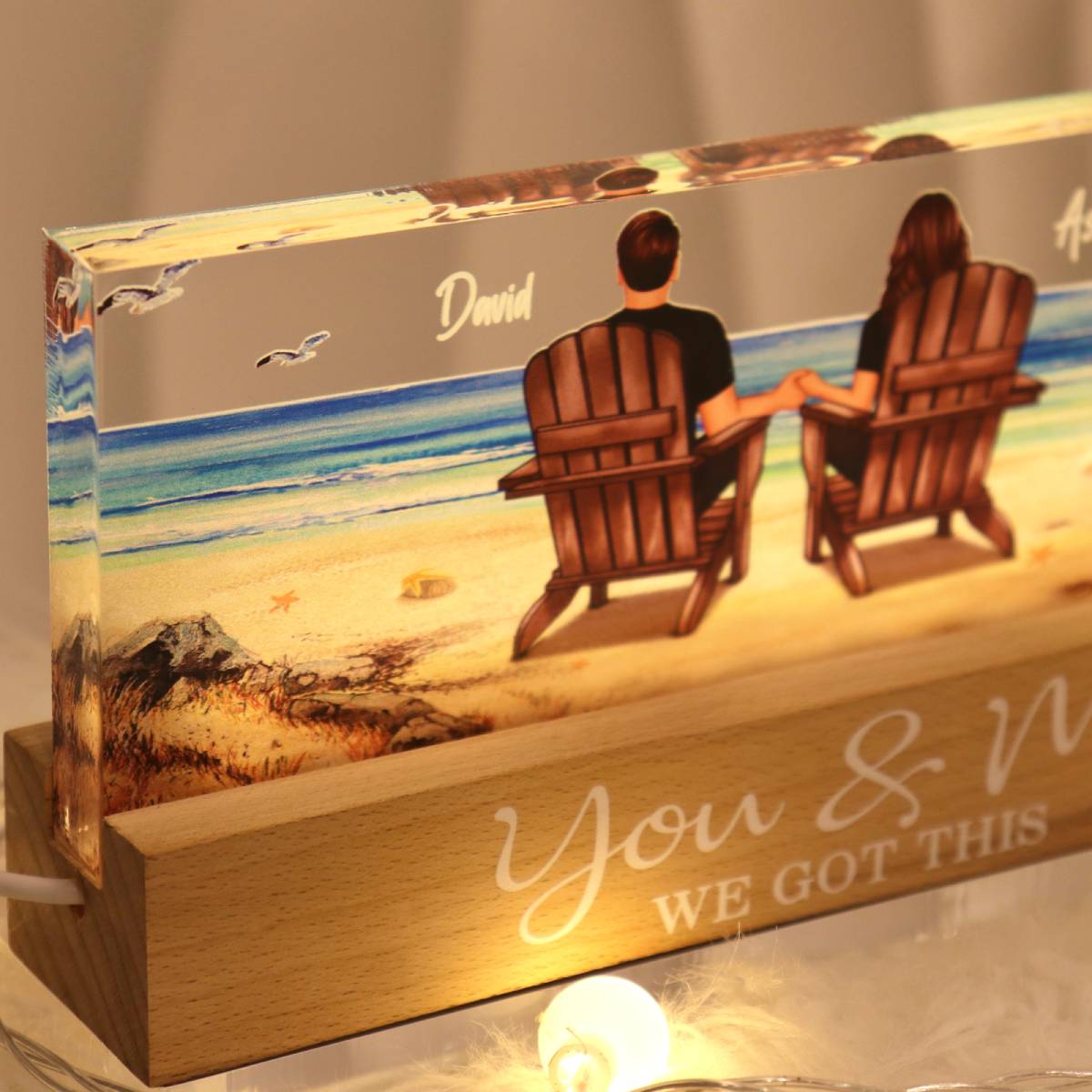Couple Sitting At Beach Retro Personalized LED Night Light, Anniversary Gift For Couple, Gift For Husband, Wife, Dad, Mom