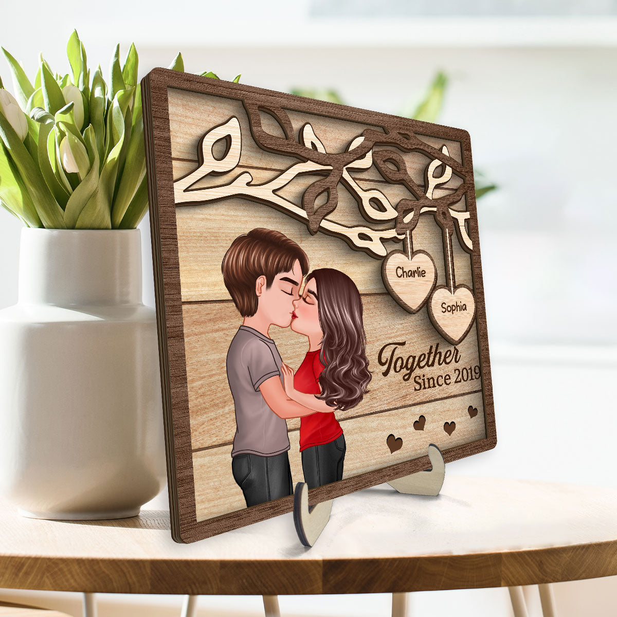 Couple Kissing Under Tree Personalized 2-Layer Wooden Plaque,  Gift for Him, Gift for Her