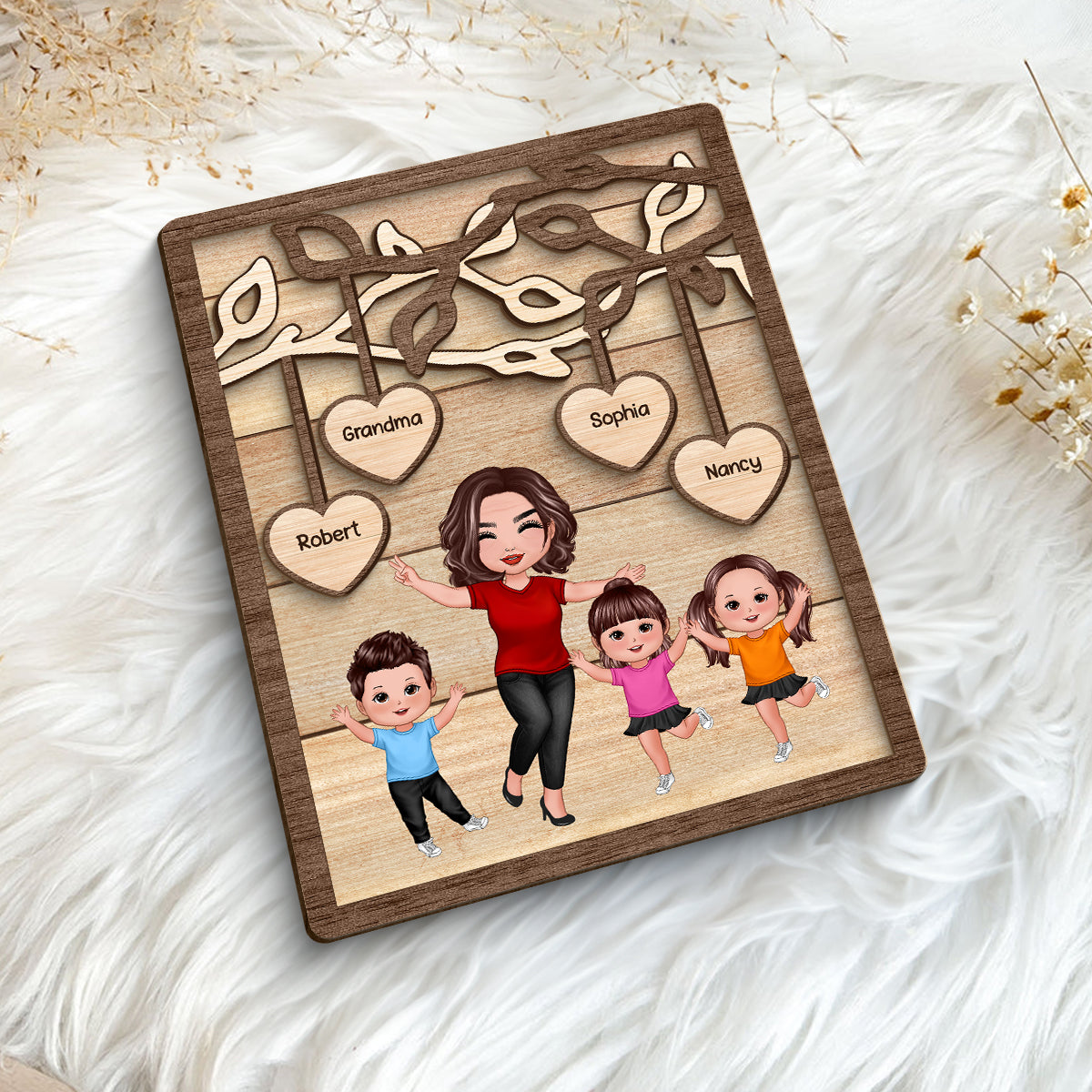 Happy Grandma Grandkids Under Tree Personalized 2-layer Wooden Plaque