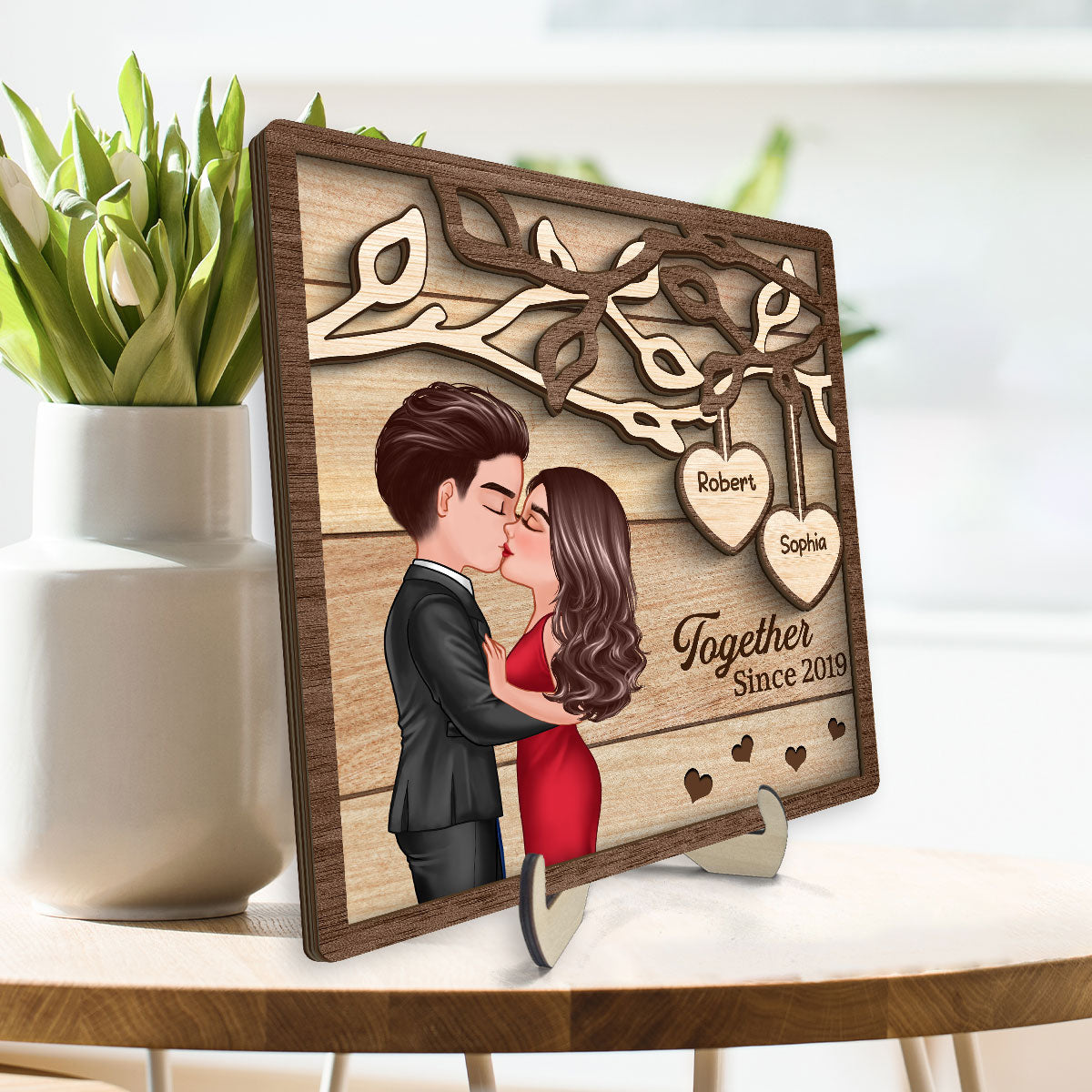 Couple Kissing Under Tree Pretty Elegant Couple Personalized 2-Layer Wooden Plaque