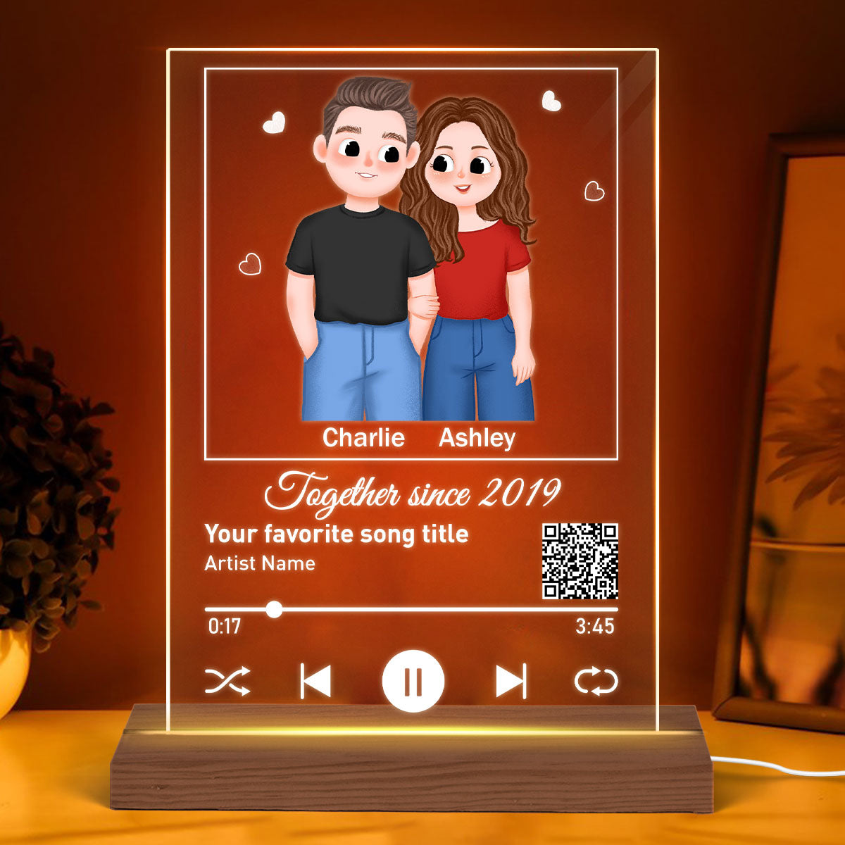 Cute Illustration Couple Favorite Song Scannable QR Code Personalized Rectangle Acrylic Plaque LED Night Light