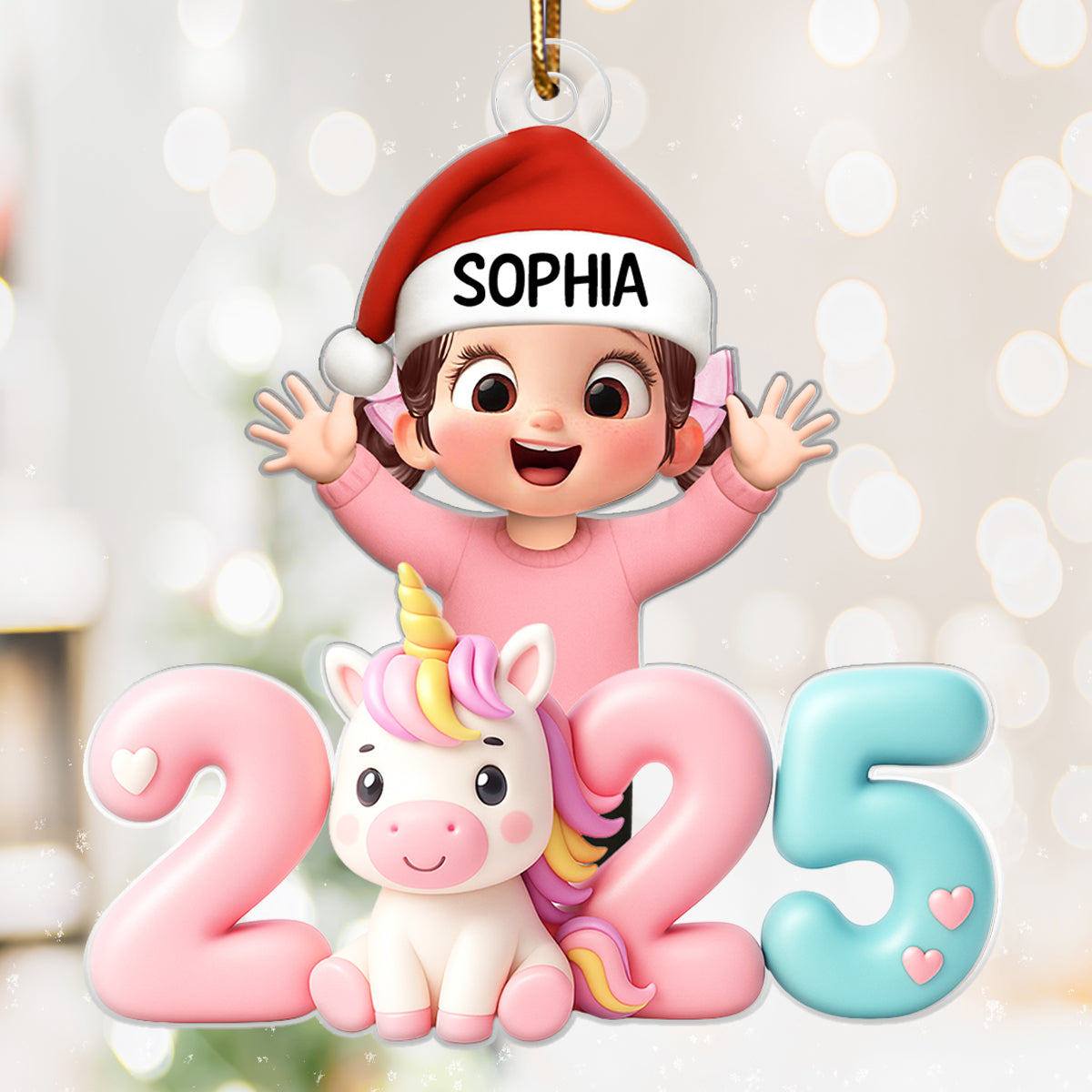 3D Effect Happy Kid With Unicorn Numbers - Personalized Acrylic Ornament - Christmas Gift For Kids, Grandkids, Granddaughter