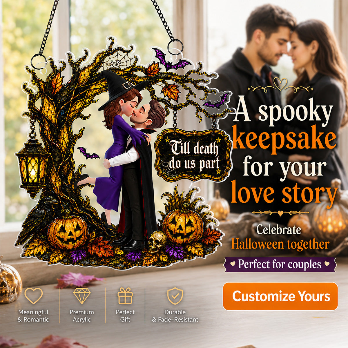 Couple Hugging Under Spooky Halloween Tree 2D Flat - Personalized Acrylic Window Hanger - Halloween Decor For Couple
