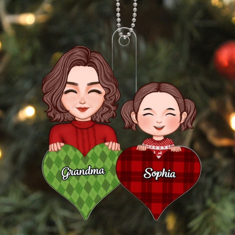 Pretty Grandma & Grandkid Peeking On Pattern Heart Christmas Gift For Grandson Granddaughter Personalized Acrylic Ornament
