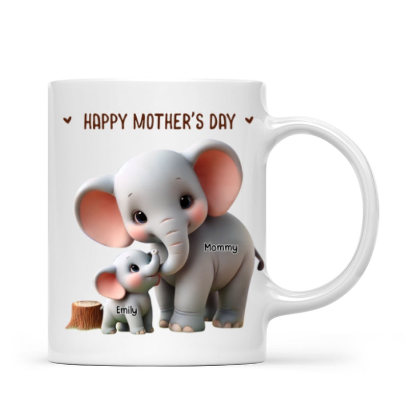 3D Effect Adorable Elephant Mom & Kids Grandma & Grandkids Personalized Mug, Perfect 2025 Gift For Mom, For Grandma