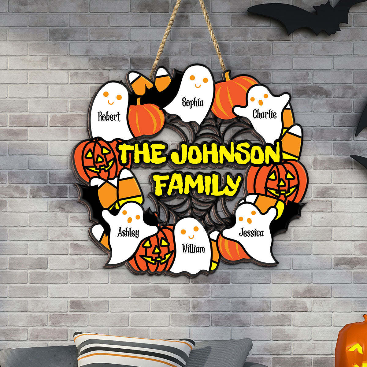 Halloween Family Wreath Shaped Personalized Wood Sign