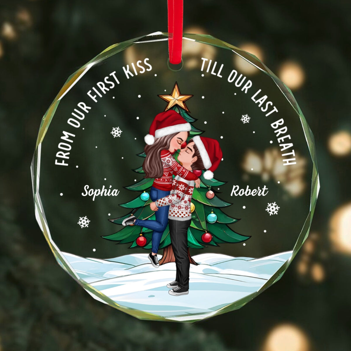 Couple Hugging Kissing Christmas Tree Personalized Glass Ornament, Christmas Gift For Him, For Her