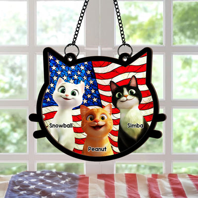 Cat Face Shape Nation Flag Personalized Suncatcher, 4th Of July Decoration