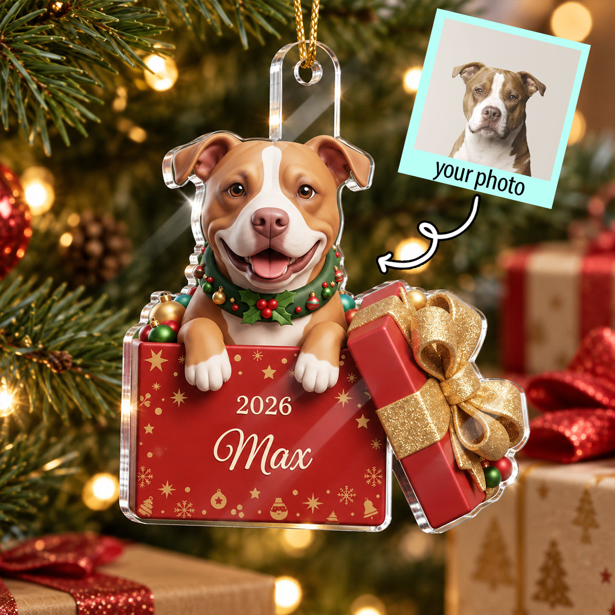 Custom Dog Cat Pet inside Gift Box - Personalized Acrylic Ornament - Christmas Gift for Dog Cat Mom