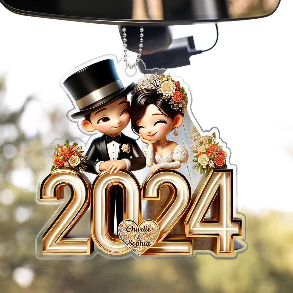 3D Effect Happy Newlywed Cartoon Couple Personalized Car Hanger Ornament, Gift For Him, For Her, For Newlywed Couple