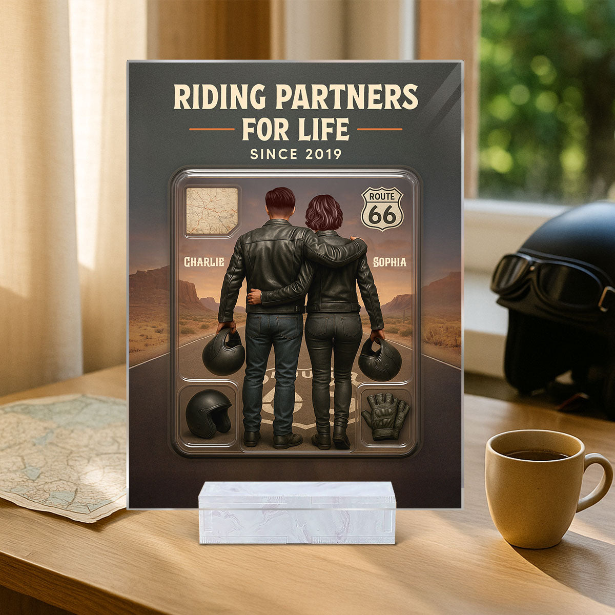 3D Effect Custom Figure Couple Bikers Riding Partners For Life Personalized Acrylic Plaque