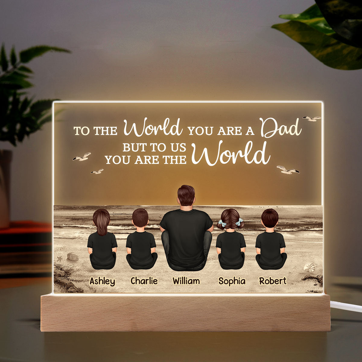 Dad And Sons Daughters Retro Vintage Beach Landscape Personalized Custom Shape Acrylic Warm LED Night Light
