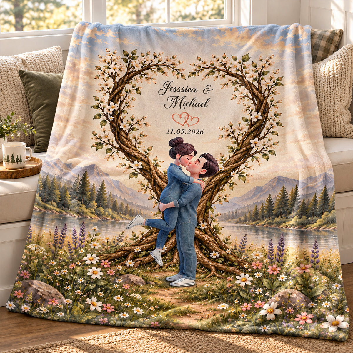 Couple Kissing Under Heart Tree - Personalized Fleece Blanket - Heartfelt Anniversary Christmas Gift for Her, for Him