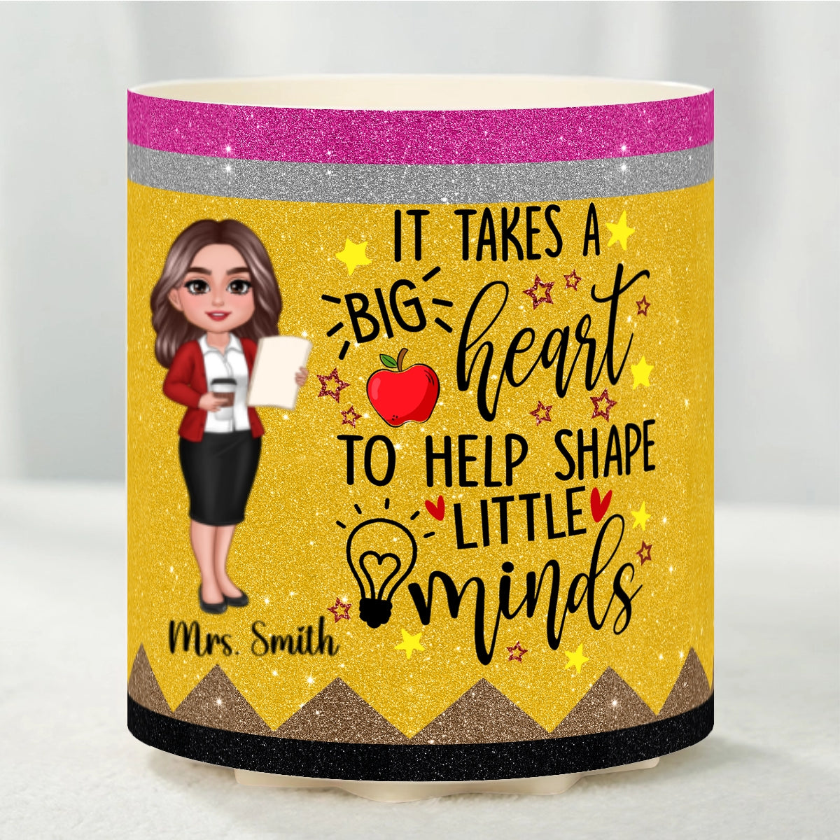 It Takes A Big Heart to Help Shape Little Minds Personalized Rotating Pen Holder, Teacher Appreciation Gift, Back To School Gift