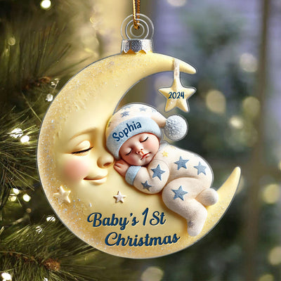 3D Effect Baby On Moon First Christmas 1st Christmas Keepsake - Personalized Acrylic Ornament