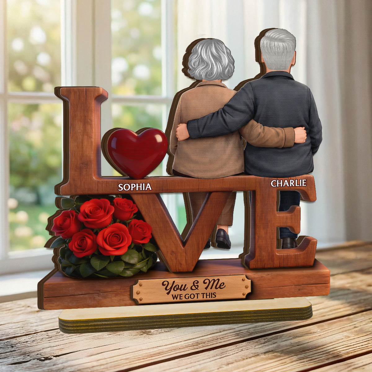 Roses LOVE Back View Old Couple Sitting Embracing - Personalized 2-Layered Wooden Plaque - Valentine's Day Gift For Couple, For Him, For Her