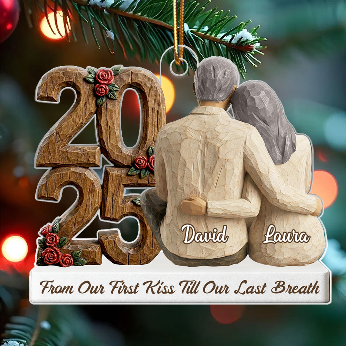 Couple Back View Hugging Faux Wood - Personalized Acrylic Ornament - Heartwarming Christmas Gift For Him, For Her, For Couple