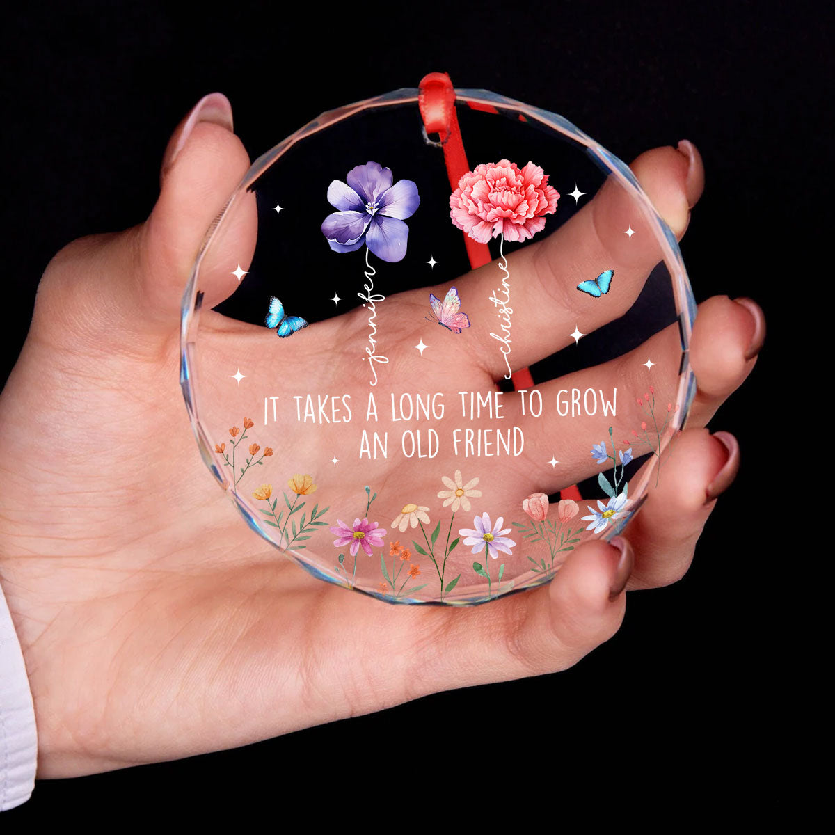 It Takes A Long Time To Grow An Old Friend, Birth Month Flower Personalized Glass Ornament, Christmas Gift for Best Friends