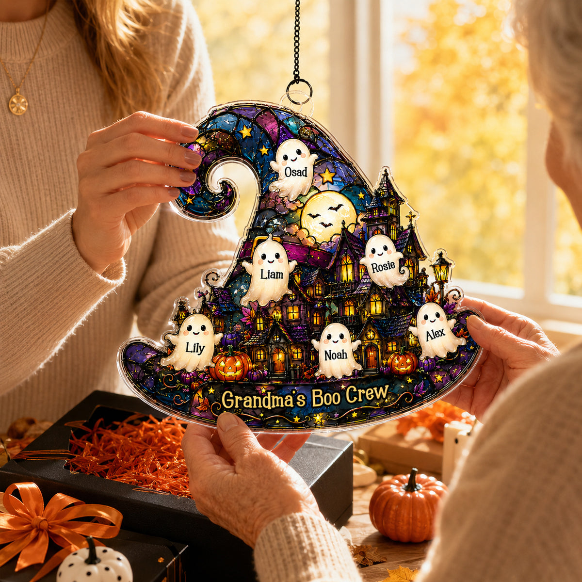 Halloween Village Witch Hat Grandma - Personalized Suncatcher - Halloween Decor Gift, Gift For Grandma