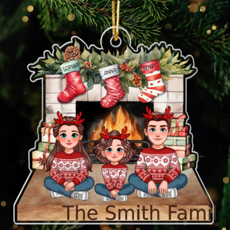 Animated Family Sitting At Christmas Fireplace Personalized Acrylic Ornament