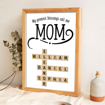 My Greatest Blessings Call Me Mom Grandma Personalized Poster, Crossword Puzzle Art, Gift for Mom Grandma