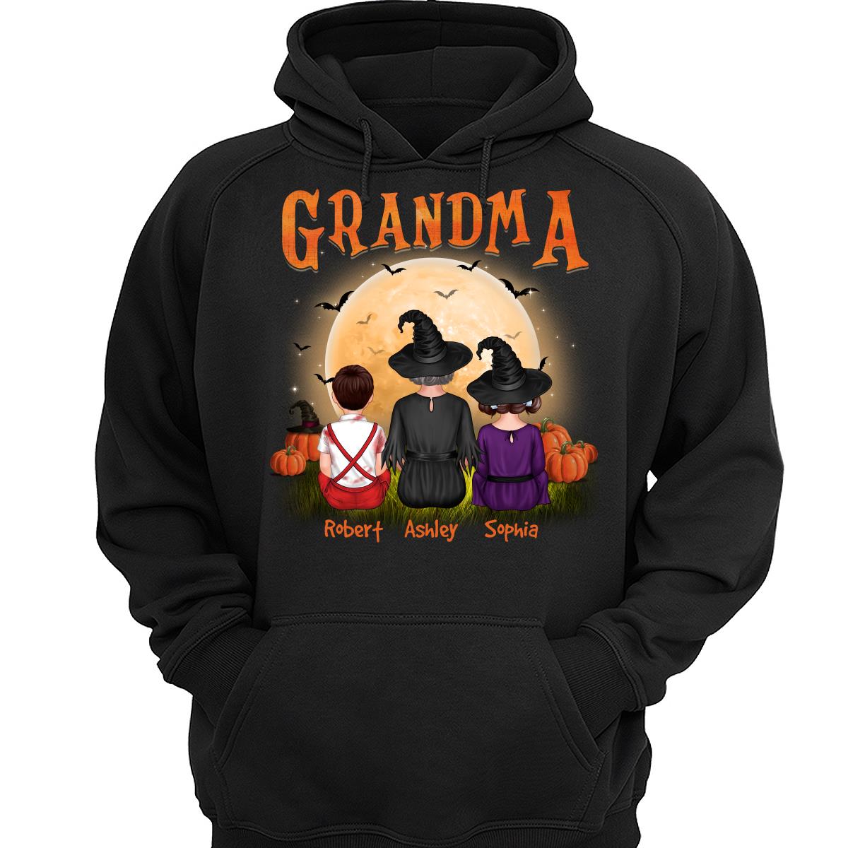 Grandma & Grandkids Back View Under Moonlight Halloween Personalized Shirt