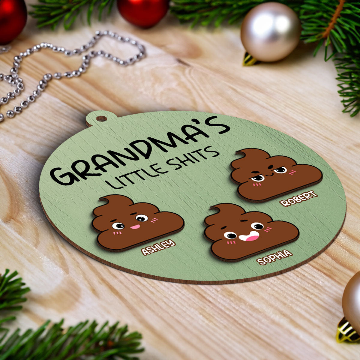 Grandma's Little Shit Personalized 2-Layer Wooden Ornament, Christmas Gift For Granddaughter Grandson Grandkids