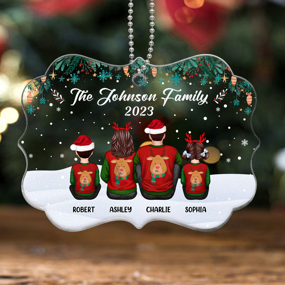 Green Snowflake Family Sitting Back View Personalized Acrylic Ornament