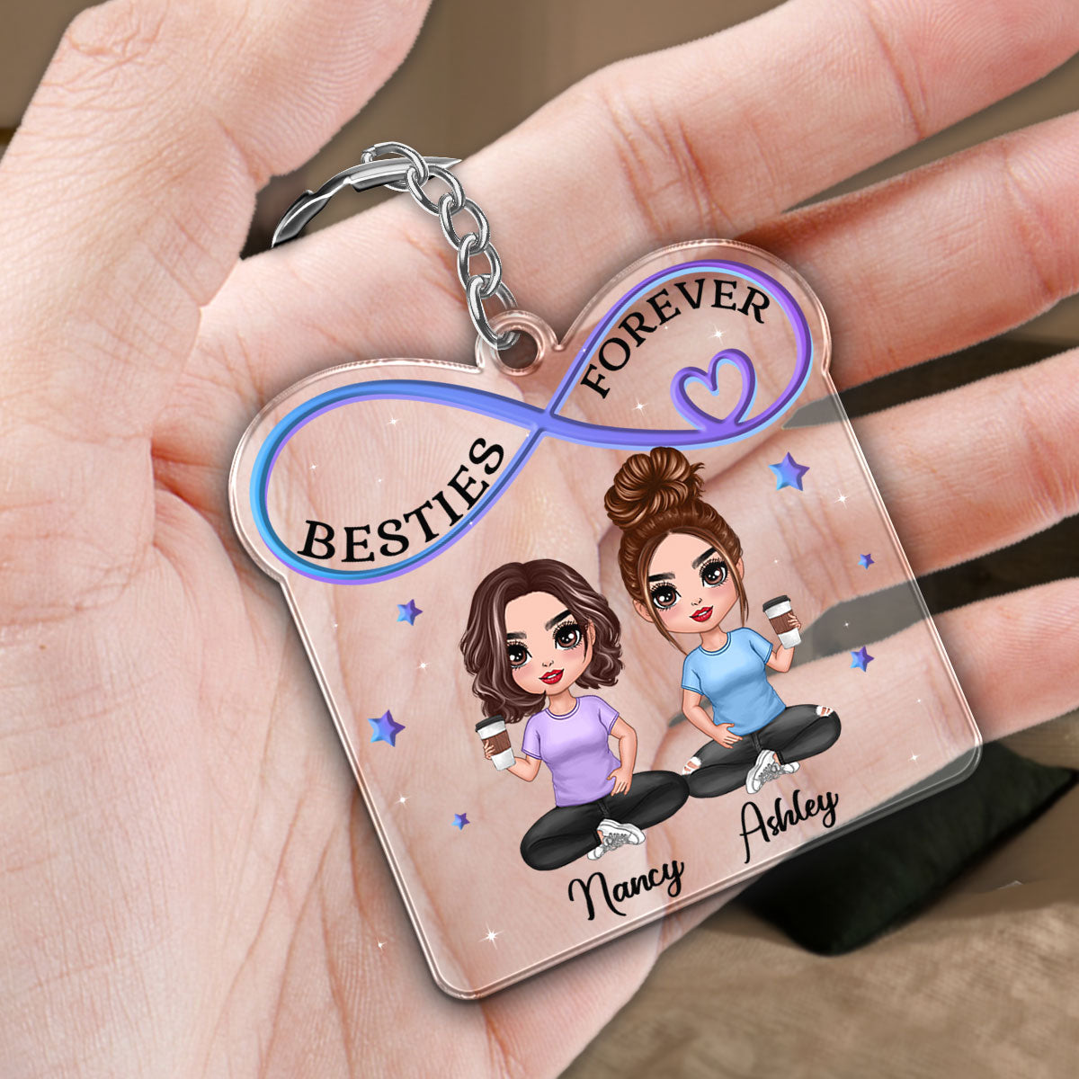 Infinity Besties Sisters Forever Doll Girls Sitting Personalized Acrylic Keychain