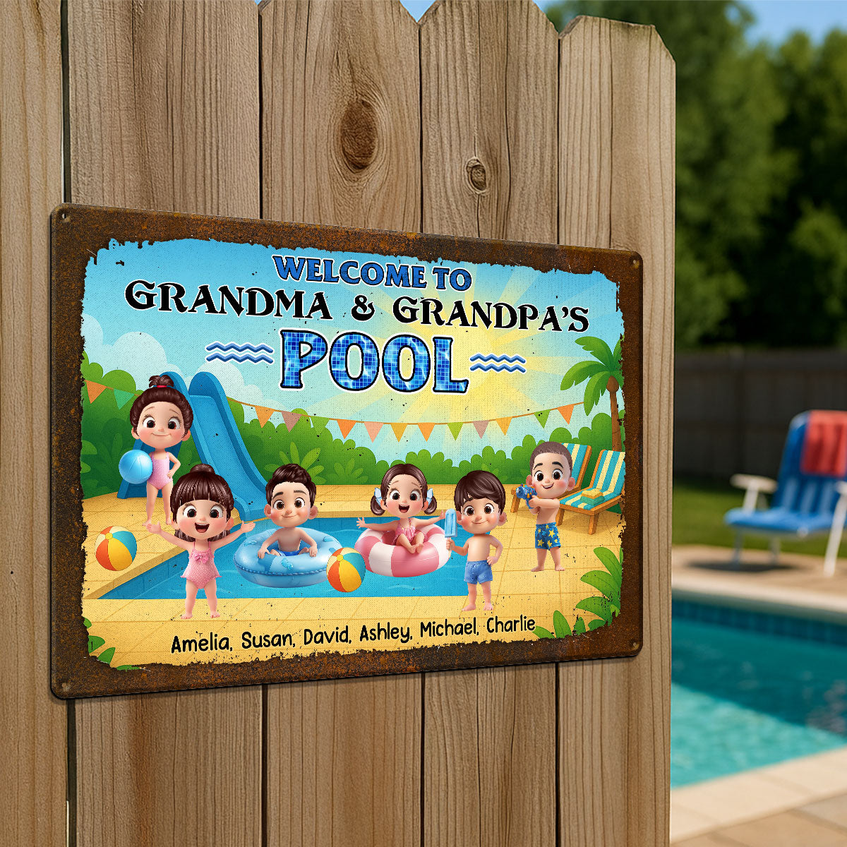 Welcome to Grandma & Grandpa's Pool Personalized Metal Sign, Grandchildren Welcome Sign