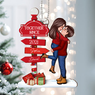 Christmas Couple Kissing Sign Personalized 2-Layer Wooden Ornament