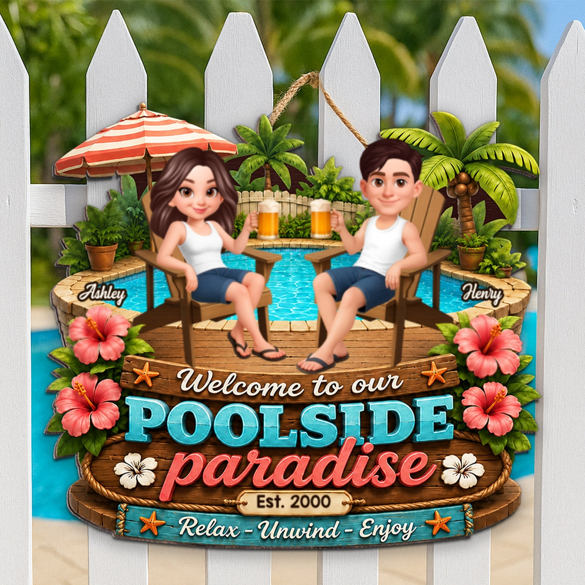 Summer Vibe Welcome To Our Poolside Paradise - Personalized Wood Sign - Gift For Couple, Summer Outdoor Porch, Patio, Bar Decoration