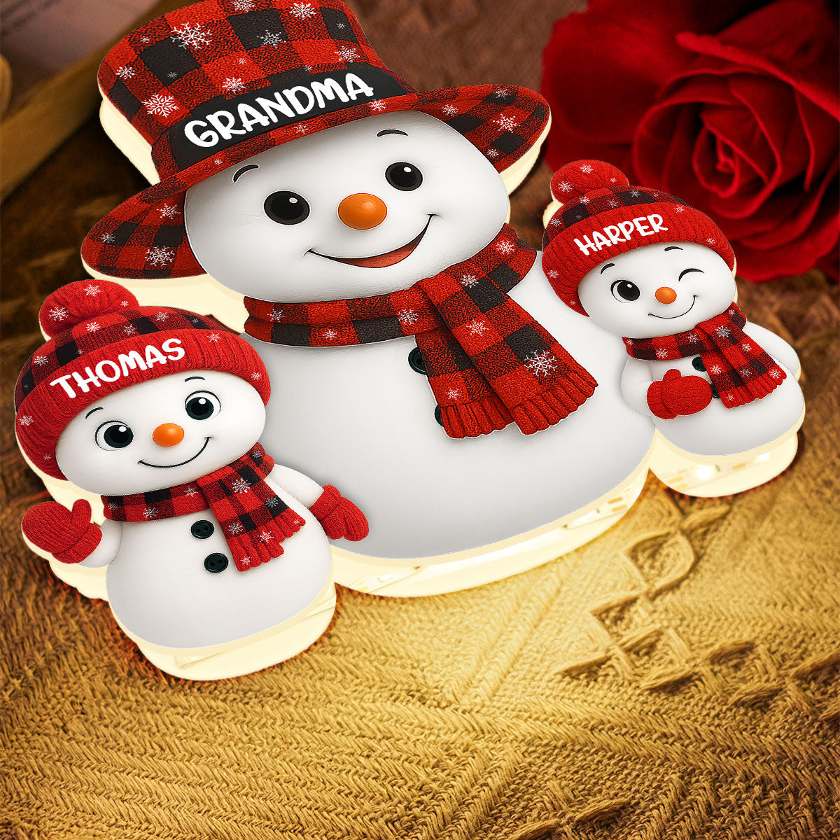 Christmas Checkered Pattern Grandma Grandkids Snowman Together - Personalized Light Box - Gift For Grandmas