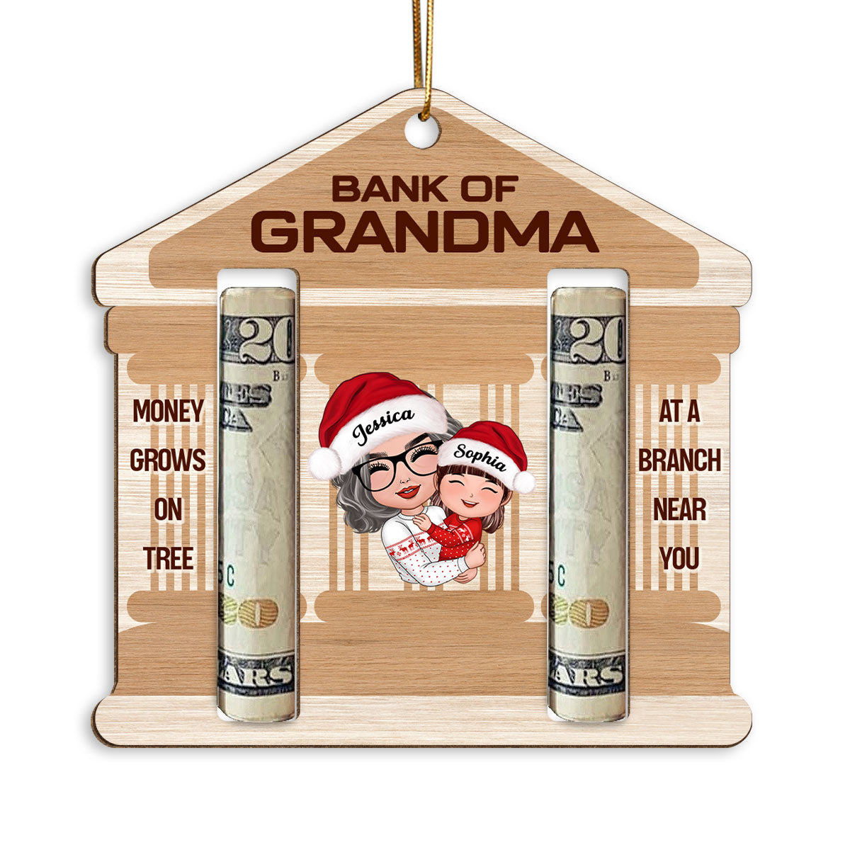 Bank Of Grandma Personalized Wooden Ornament, Christmas Money Holder For Kids