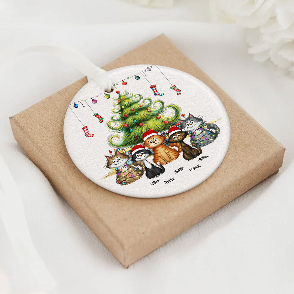 Quirky Christmas Tree Cats Whimsical Personalized Circle Ceramic Ornament