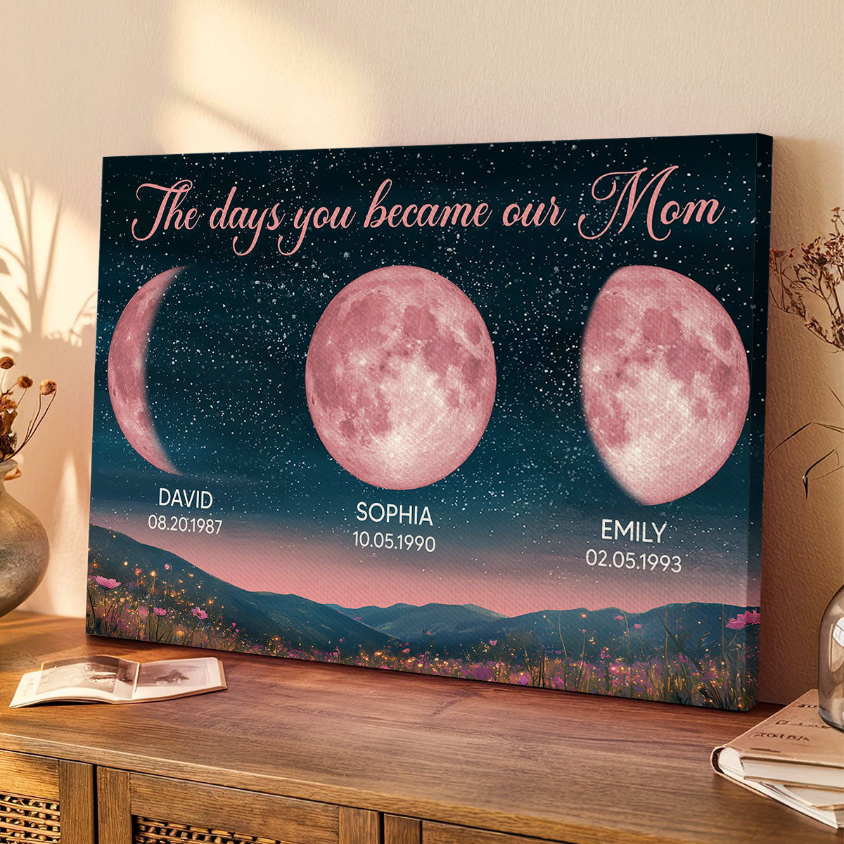 Pink Moon Phase Custom Birth Moon Beautiful Hill At Night Personalized Canvas, Gift