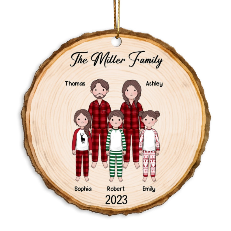 Simple Cartoon Whole Family Dad Mom Kid Dog Cat Wood Slice Christmas Personalized Wooden Ornament