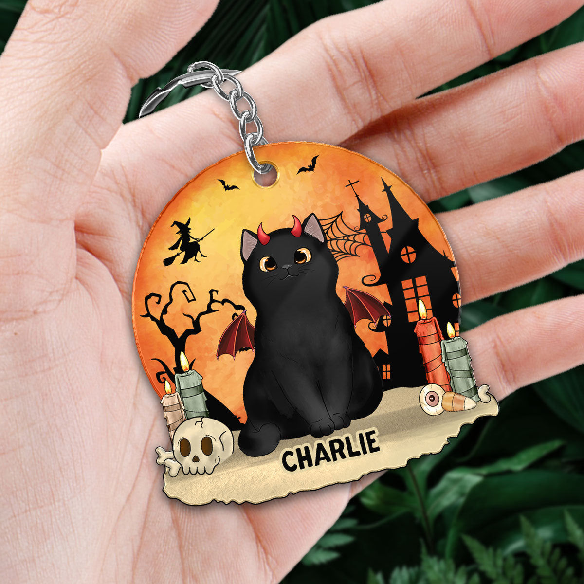 Orange Moon Halloween Fluffy Cat Sitting Personalized Acrylic Keychain