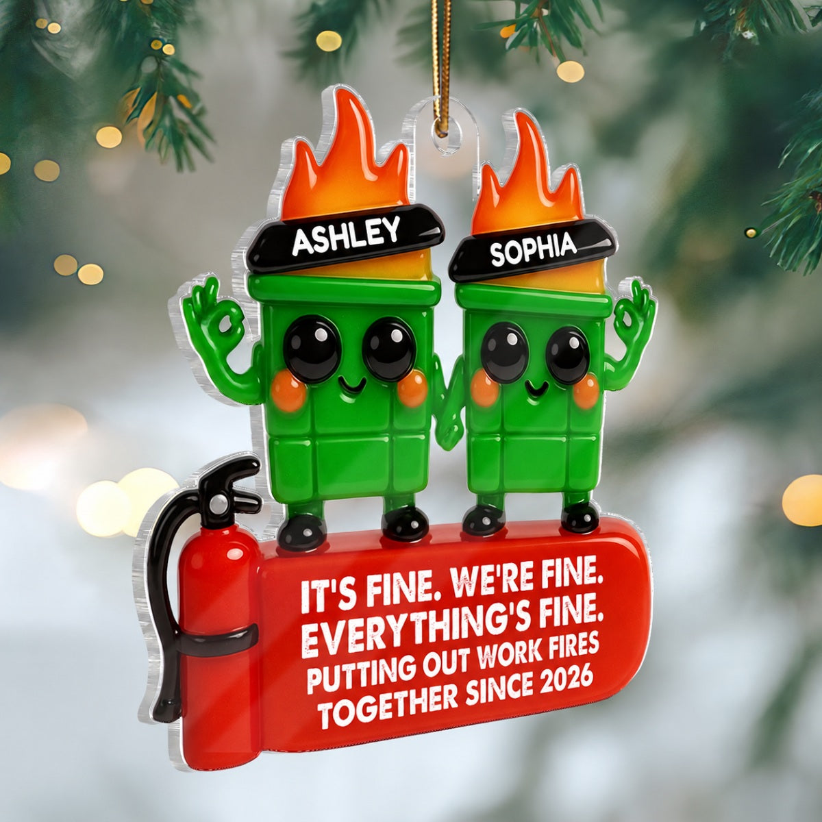 Colleagues Putting Out Work Fire Together 3D Effect - Personalized Acrylic Ornament - Funny Humor Christmas Gift for Coworkers, Colleagues