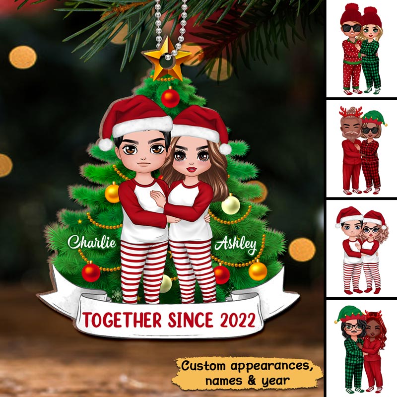 Pajamas Doll Couple Standing Christmas Tree Personalized Wooden Ornament