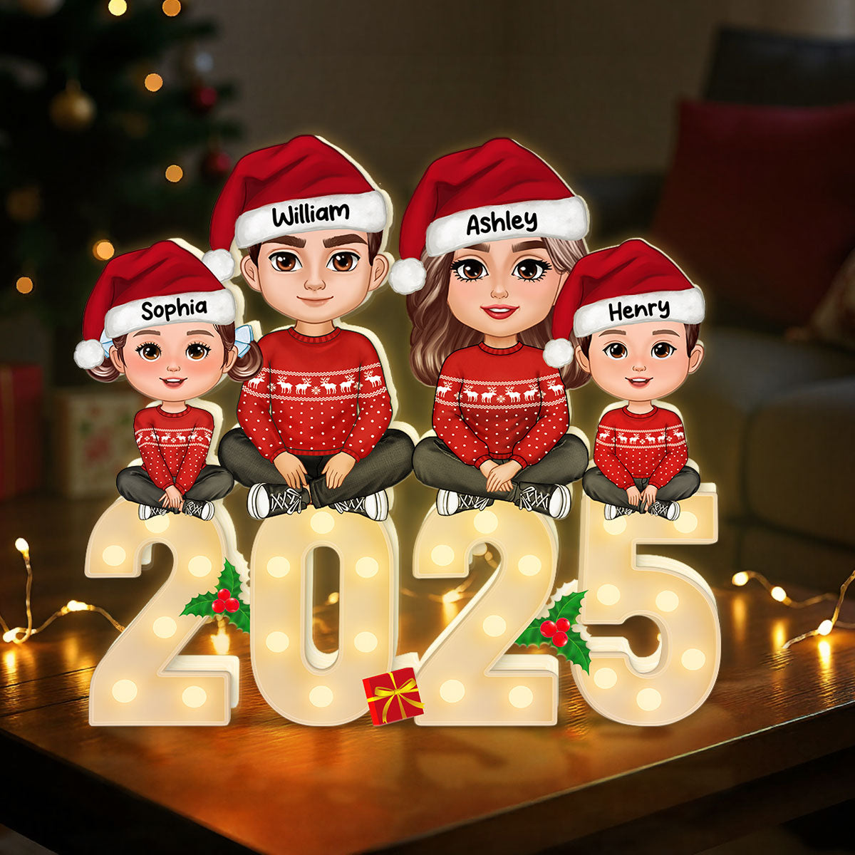 Family Sitting On Marquee Effect Letter Personalized LED Light Box, Christmas Decor For Family