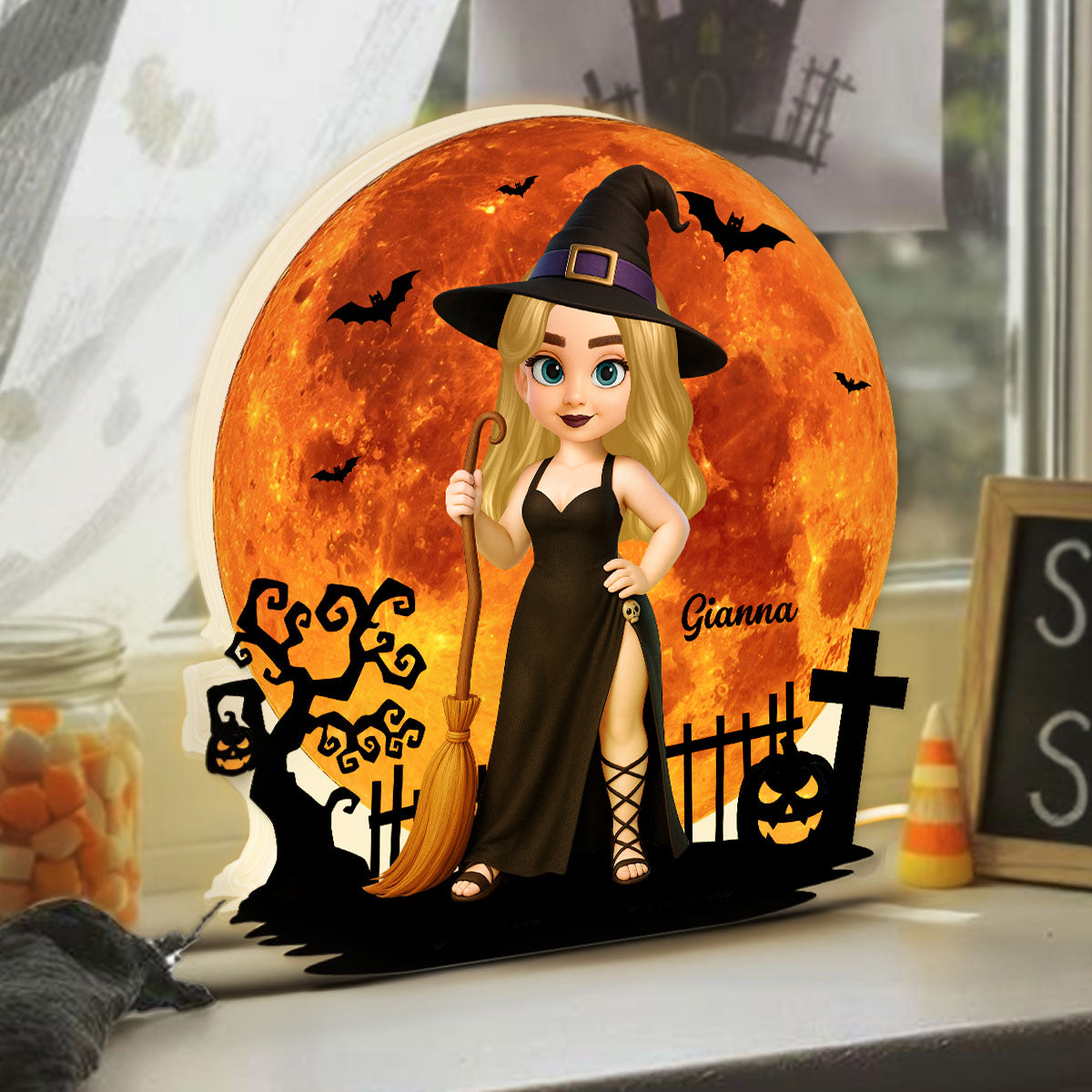 Cartoon Pretty Witch Under Halloween Moon Wicca Pagan Decor Personalized Light Box, Gift For Her