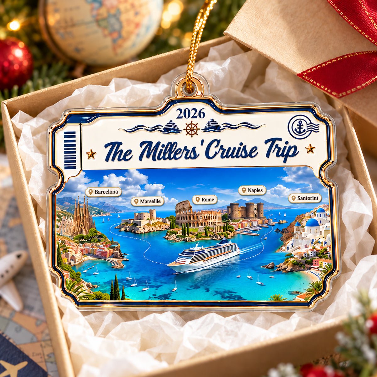 Cruise Destinations Cruise Ticket Frame 2D Flat Printed - Personalized Acrylic Ornament - Cruise Trip Keepsake, Christmas Tree Decor For Family, Couples