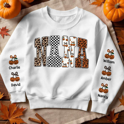 Trendy Fall Mama Personalized Sweatshirt – Leopard, Pumpkin & Checkerboard Fall Halloween Sweatshirt